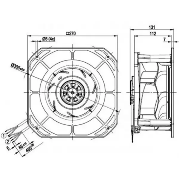 Ebmpapst k3g225-re07-03 230VAC 270x270x131mm 170W 1.4A 705m3/h kuulalaakeri IP54 EC keskipakoispuhallin tuuletin