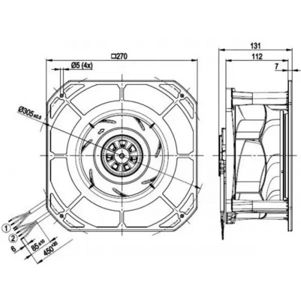 Ebmpapst k3g225-re07-03 230VAC 270x270x131mm 170W 1.4A 705m3/h kuulalaakeri IP54 EC keskipakoispuhallin tuuletin