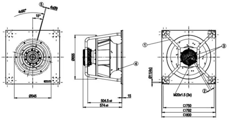 Ebmpapst-tuuletin K3G560-PB31-71 380/480V 5.1A 3300W 1540RPM 560mm jäähdytystuuletin