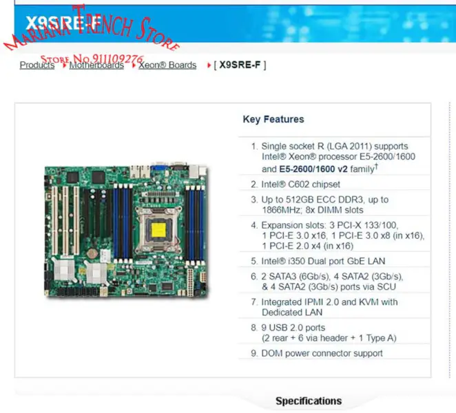 X9sre-f Supermicro-emolevylle Lga2011 E5-2600/1600 V1/v2-perhe Ddr3 3 Pci-x 133/100