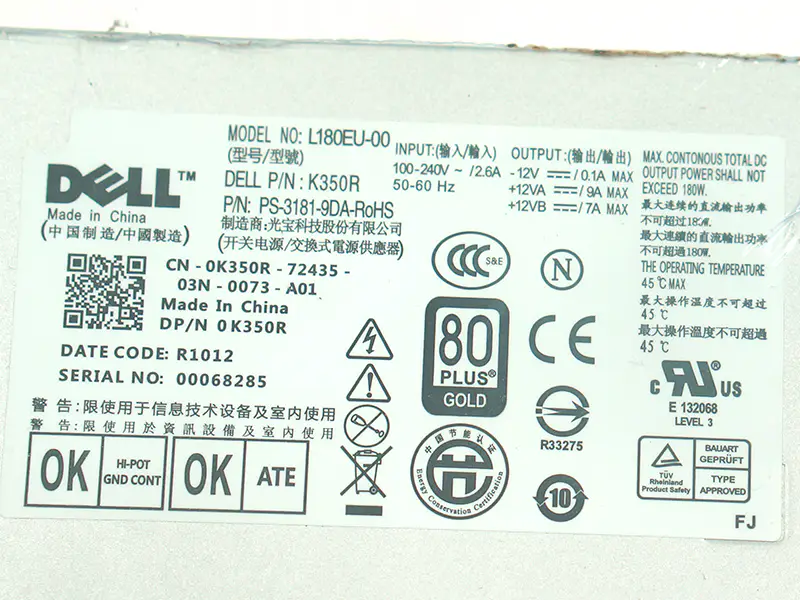 Virtalähde Dell 780 790 990 7010 9010 180W virtalähde L180EU-00 F180EU-00 L200EU-00 F200EU-00 C0G5T 6YWW7 M178R